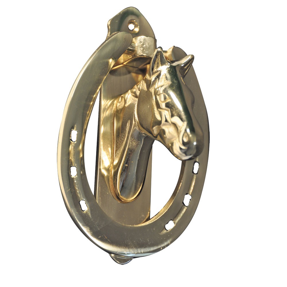 Llamador de Puerta Con Forma de Herradura y Cabeza de Caballo de Bronce