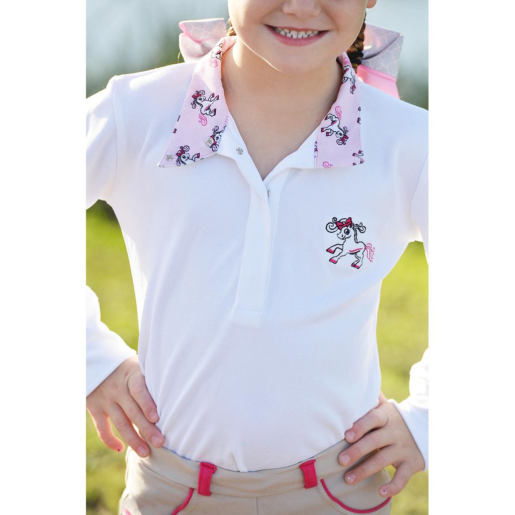 Blusa de Competencia Manga Larga White Pink Collar Para Niña Talla 4